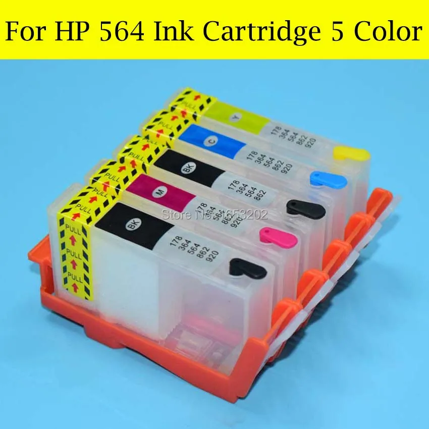 1 Комплект от 5 Цветни Касети с Мастило за презареждане HP 564 С чип ARC За принтер HP Photosmart C309A C309N C310A C5380 C6375 C6380