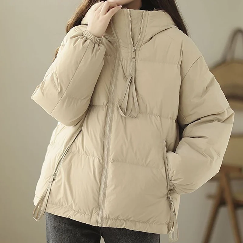 2023 Зимно дамско яке с качулка за хляб, свободна ежедневни проста чрез шнурове, корейски изолирана паркове, дамско модно топло памучно палто