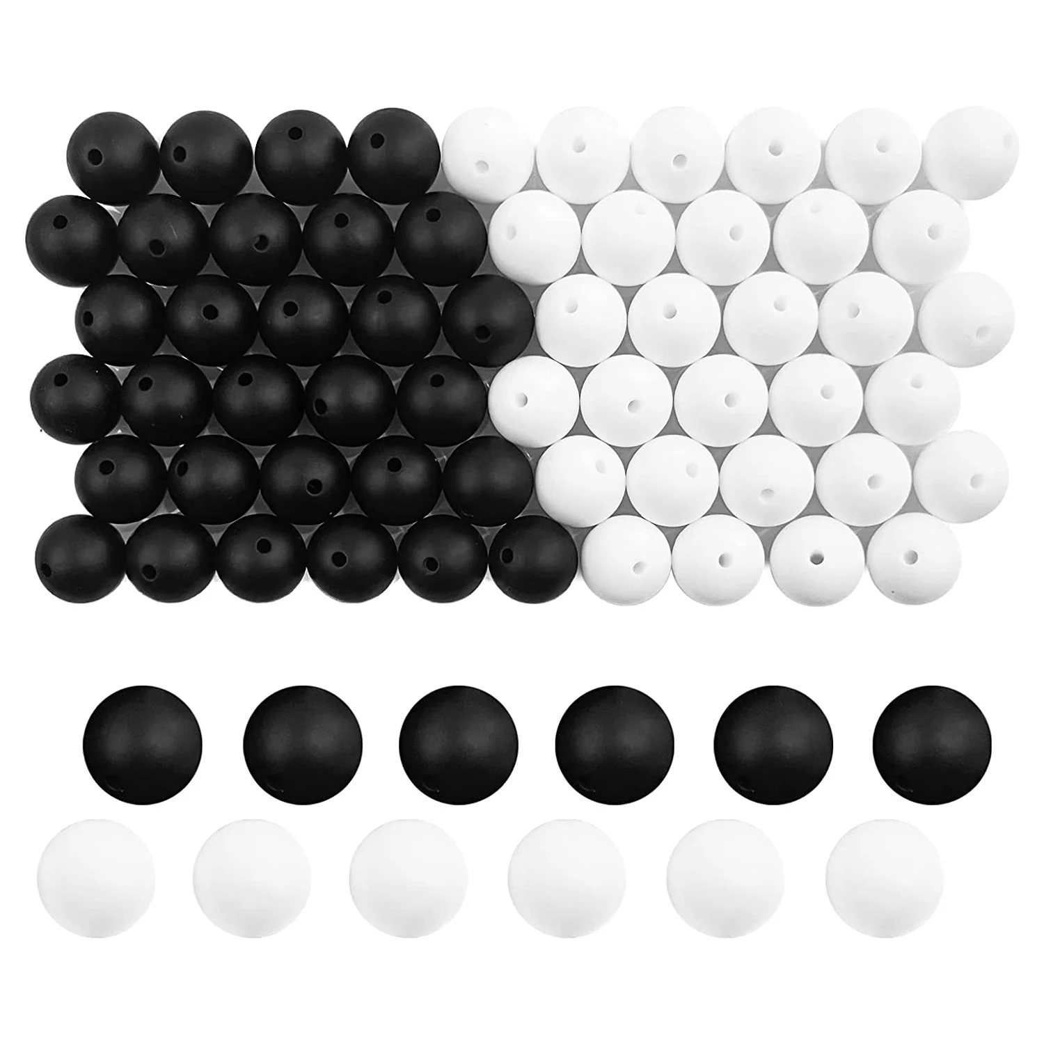 60 Опаковки силиконови зърна 15 мм, гривна, колие, бижута, черен + бял