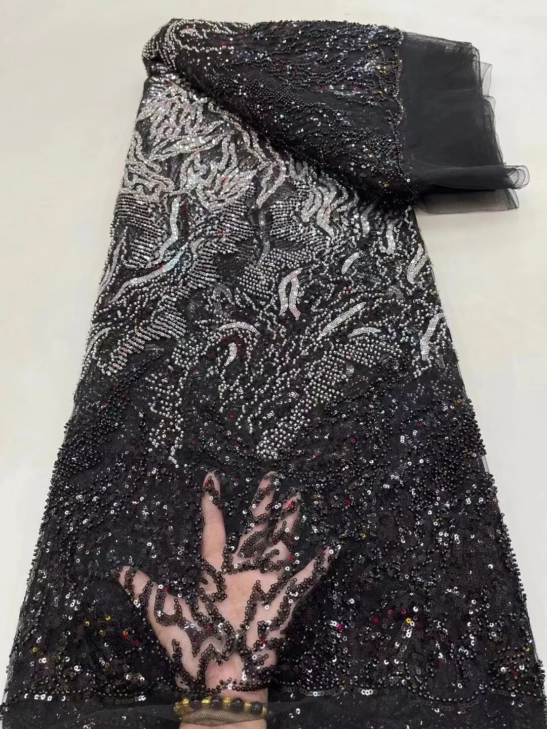 Black е най-новият бисер на африкански дантела 2023 висококачествени пайети нигерийски френски тюл Лейси плат за шиене на Бродерия женски рокли