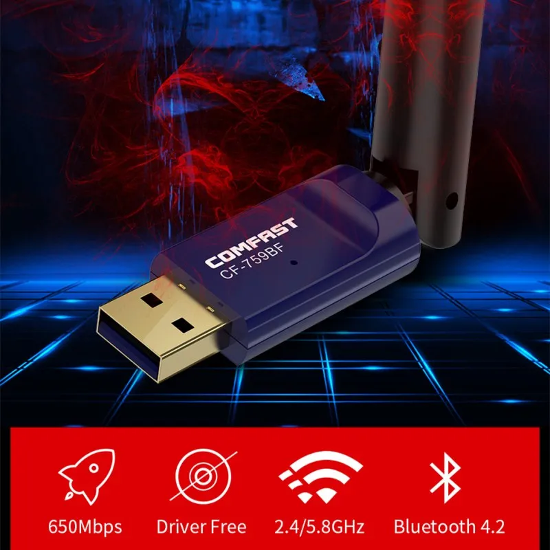 Comfast CF-759BF 5 Ghz 802.11 ac БТ 4.2 безплатен драйвер за USB Wifi Адаптер 650 Mbit/s, Wi Fi Ethernet Мрежова карта Lan Ключ Wi-Fi Антена