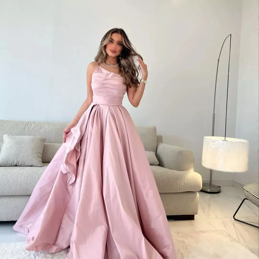 Elegant Pink Spaghetti Strap Floor Length Evening Dress Satin без гръб Pleated Bow Sleeveless рокля на бала женски 2023