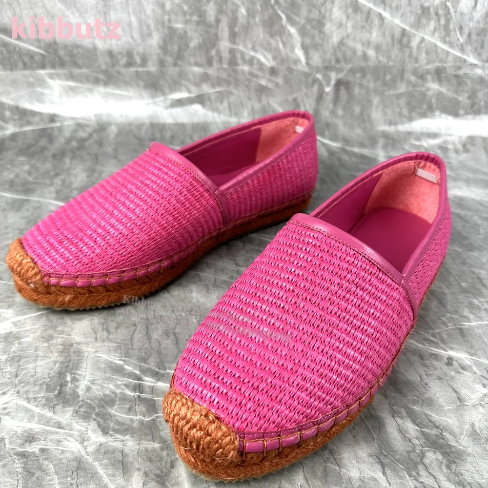 Espadrilles плетени с кръгли пръсти, на равна подметка, с лодочками, однотонно-розови, лаконичен, удобни, многоцветни, без шнур, мода 2023, най-новият дамски обувки