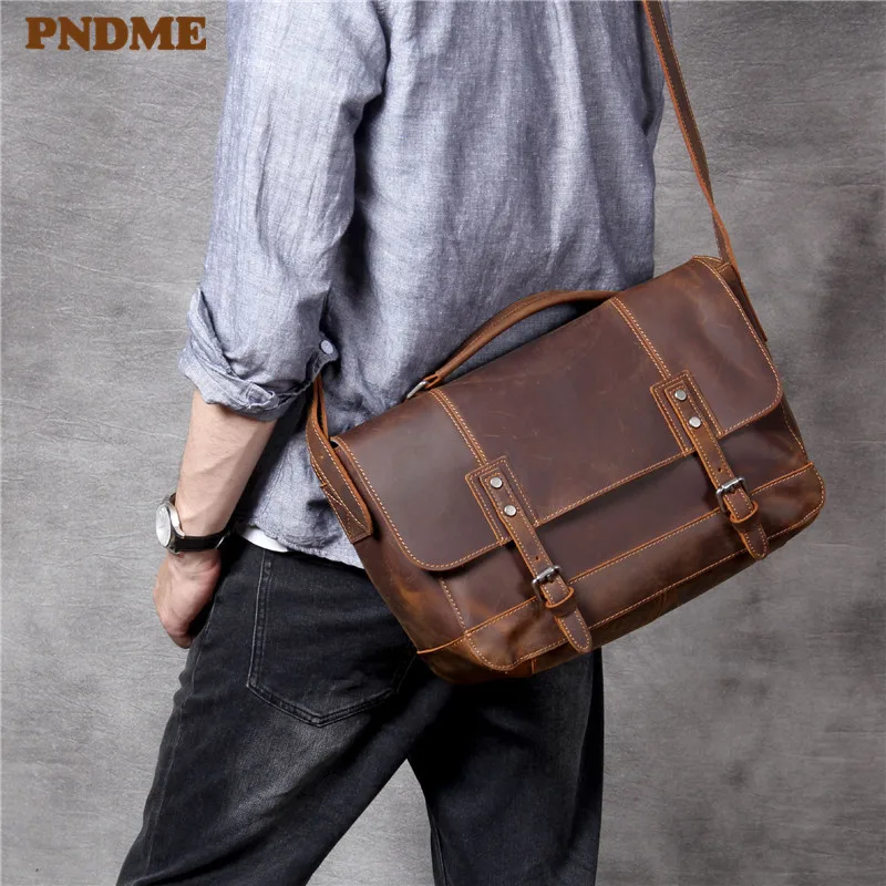 PNDME реколта мъжки пощенска чанта за официални документи от естествена телешка кожа, crazy horse, висококачествена чанта от естествена кожа, работната чанта