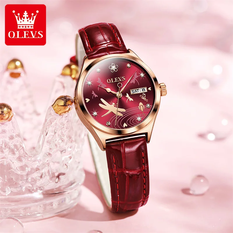 Reloj Mujer OLEVS, автоматични механични дамски часовник, с моден кожена каишка от розово злато, дамски часовници, романтичен подарък за приятелка