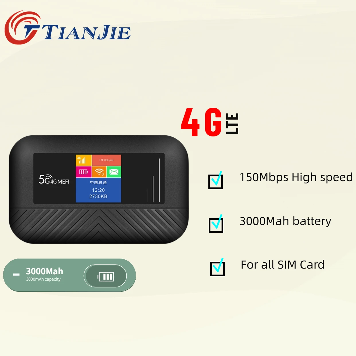 TIANJIE Безжичен 3G, 4G рутер СИМ-карта Wi-Fi 150 Mbit/s, Wi-Fi модеми, батерия 3000 ма, преносим, джобен рутер, точка за достъп до LTE мрежа