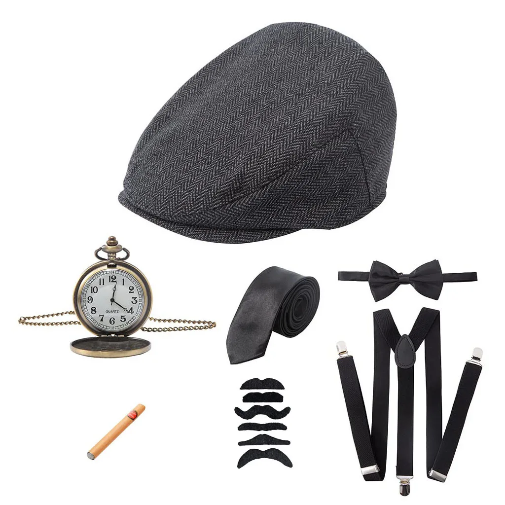 Аксесоари 1920-те години за мъжете, 20-те Гэтсби, шапка вестникарче, комплект аксесоари, бандитские тиранти, джобни часовници