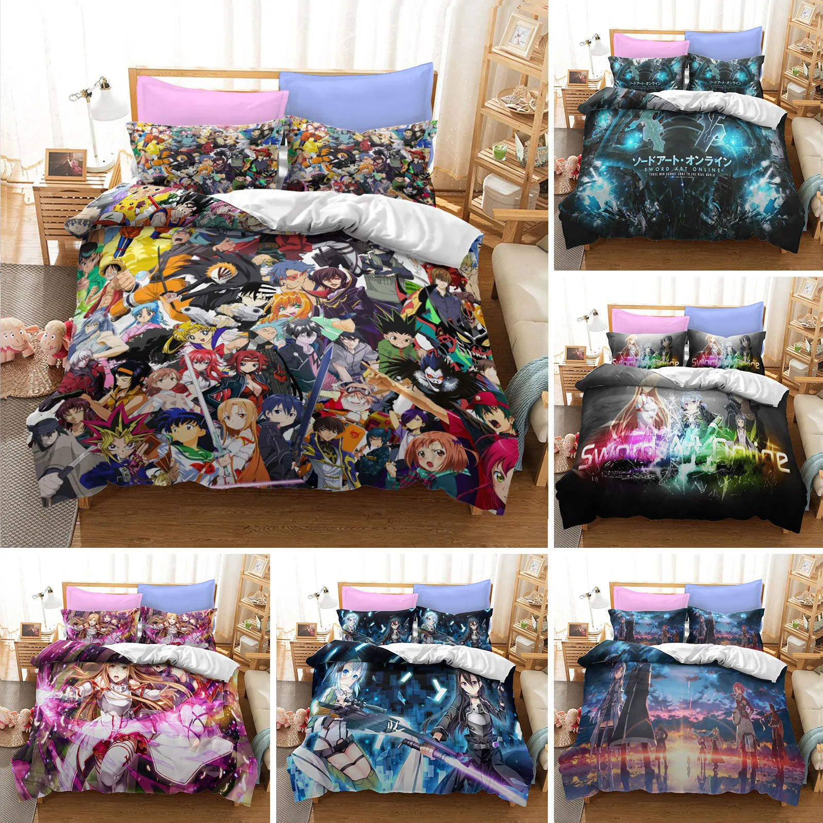 Аниме Sword Art Онлайн Комплект спално бельо, чаршаф, юрган за спалня, калъфи за завивки, домашен текстил, 2/3 бр.