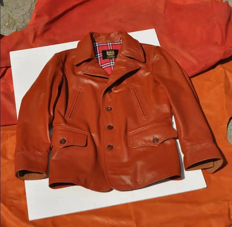 Безплатна доставка.Разпродажба.Класическа ежедневни кожено яке.Мъжко палто от телешка кожа с оранжеви масло.Аутлет дрехи от естествена кожа.модни отстъпка