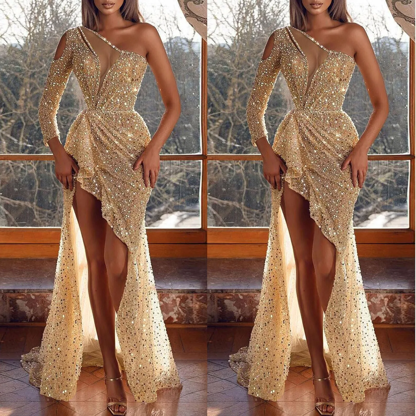 Вечерни рокли на Русалки със златна дантела и пайети в едно рамо на поръчка, рокля за абитуриентски бал с кристали, с цип и един влак с дължина до пода