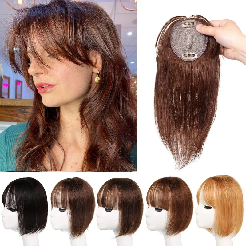 Дамски аксесоари за коса от 100% човешка коса, горна шнола за коса и перука с бретон за редки коса