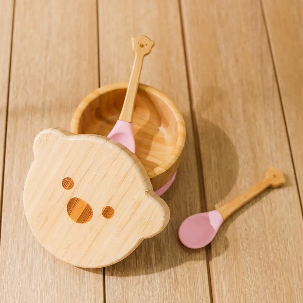 Детска бамбук купа за хранене, комплект лъжички-вилици, обучение прибори за деца, смукателна чиния, комплект лъжички-вилици под формата на мечка, детски силиконови прибори