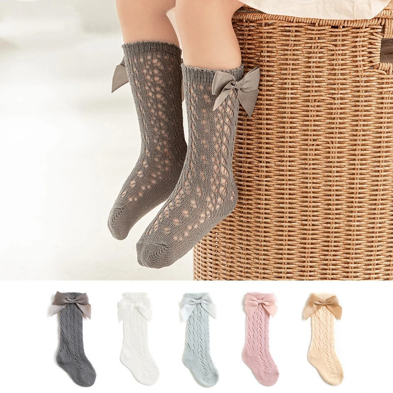 Детски чорапи като рибарска мрежа, с бантиком до коляното в кралския стил за момичета, чорапи в една тръба с бантиком за деца, детски мрежест чорап с дупки от 0 до 6 години