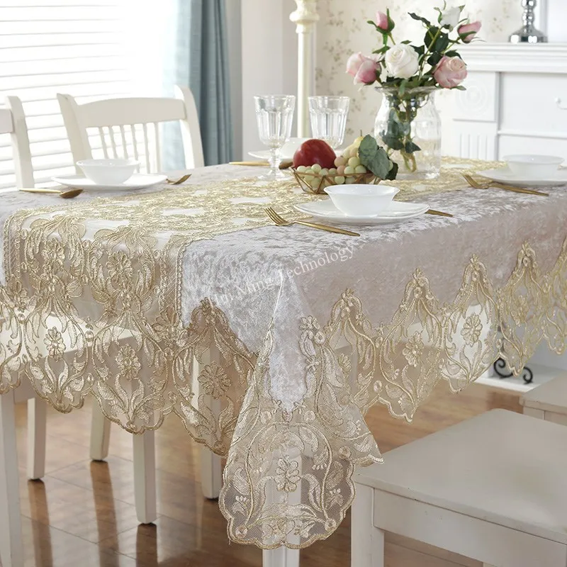 Европейската луксозна бродирана покривка за масата за хранене, златна кадифе, дантела с позлатени цветя, покривка за ТВ-шкаф HM1868