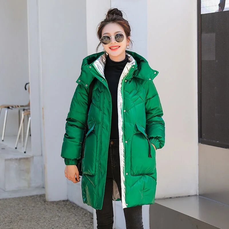Зимни нови стилни сака със средна дължина с качулка за жени, на главната улица, свободни големи джобове, ежедневни якета с памучна подплата, обикновена палто