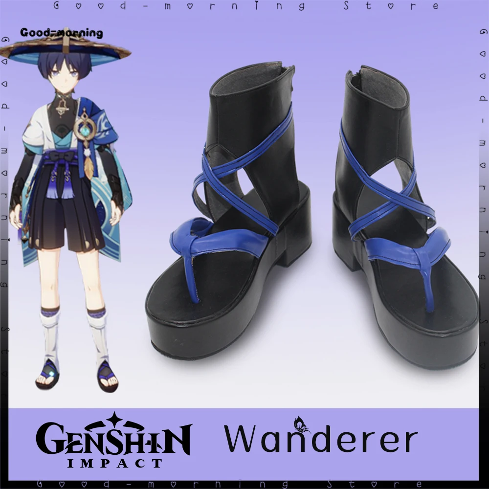 Играта Genshin Impact Скитник Cosplay сини обувки вечерни обувки, Обувки от изкуствена кожа Скитник Cosplay Хелоуин Обувки от всякакъв размер да персонализирате