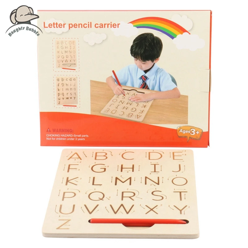Играчка Монтесори за деца от предучилищна възраст 3, 4, 5 години, обучение дървена дъска за писане, двустранен инструмент за проследяване на азбуката