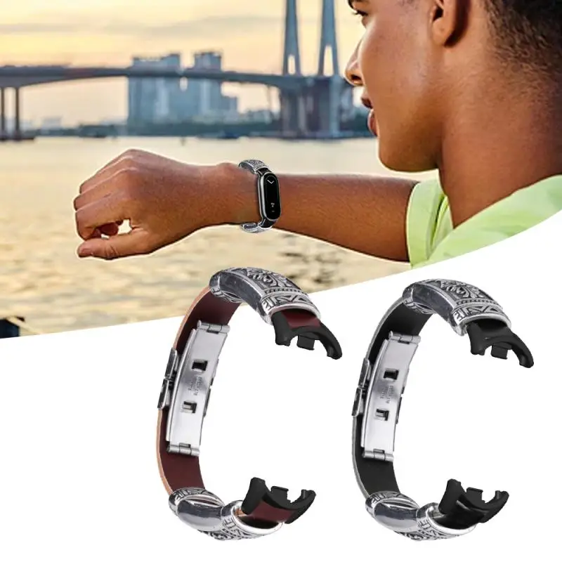 Каишка за часовник Mi Band 8/8, умни часовници с NFC, метален обтегач-пеперуда, ретро кожена гривна, разменени гривна, аксесоари