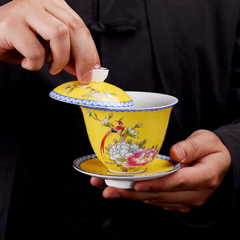 Китайски порцелан, обилна керамика Gaiwan, чаена чаша ръчна изработка с емайл, ръчно рисувани, чай, определени с цветя и птици, посуда за напитки