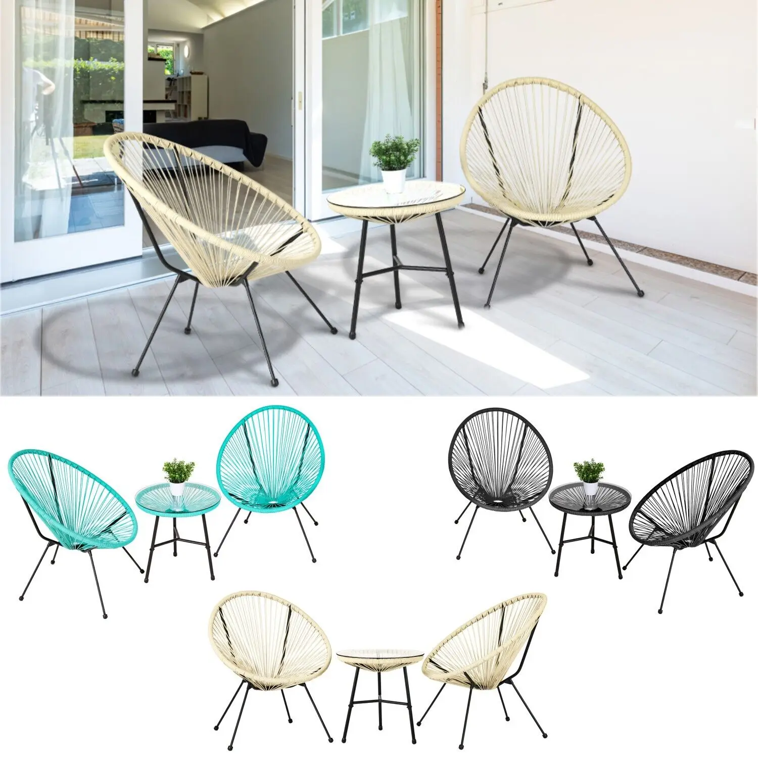 Комплект градинска мебел, състоящ се от 2 стола и масичка за кафе със стъклен плот, набор от модерни градински мебели, 3 предмет