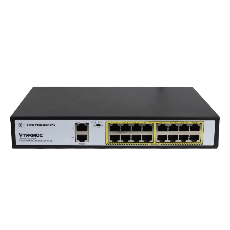 Комутатор Tarmoc 16 POE портове са 1 Gbit/s, 2 порта възходящата връзка 1 gbps (Ethernet), 802.3 af / at, Максимална обща мощност 240 W, защита от пренапрежение 8 кВ, VLAN