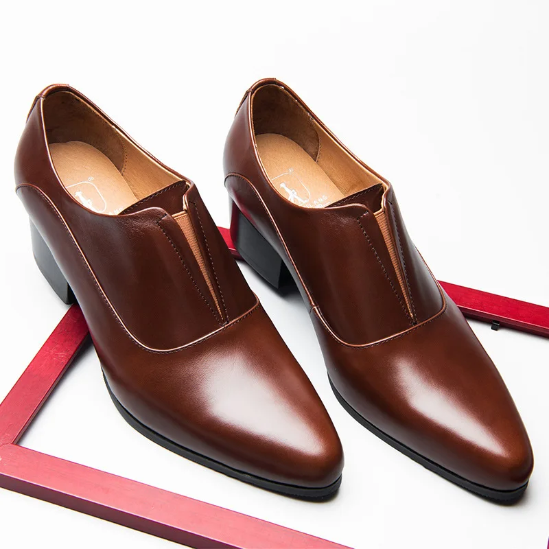 Модерен бизнес мъжки модел обувки от естествена кожа без шнур, сезон пролет-лято обувки с висок ток, марка обувки черен и кафяв цвят