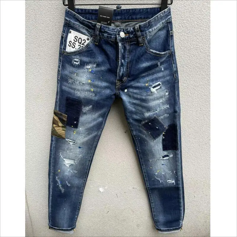 Модни ежедневните си джинси с дупки, боядисани със спрей, мъжки модерни панталони от деним за хай стрийт 100#