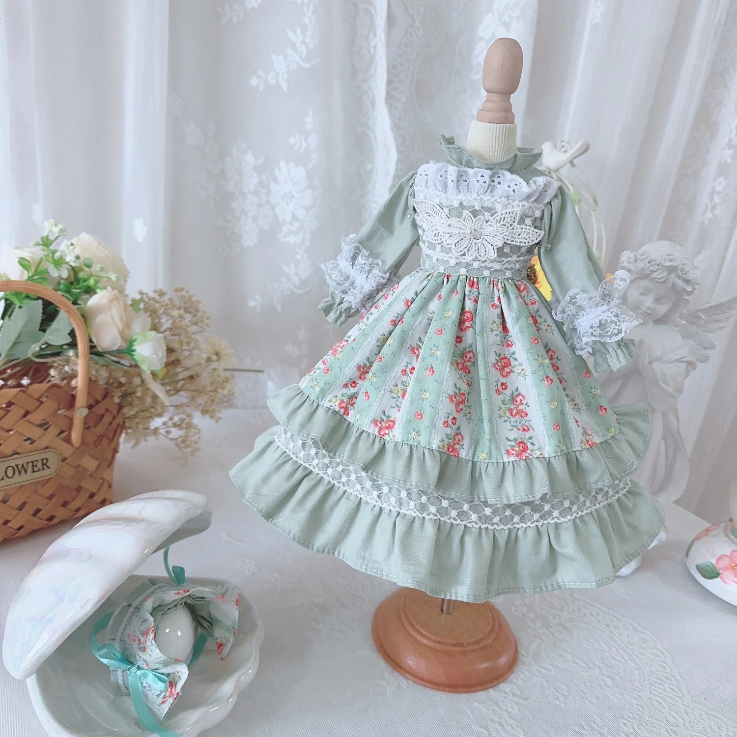 Облекло за кукли BJD Подходящ за размера на 1/3 1/4, пола с дълги ръкави и цветен модел, дантелено рокля, Аксесоари за кукли (пола + прическа)
