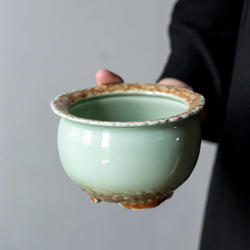 Постепенно зелени издълбани листа трикрак Цзяньшуй за измиване на чай, малки остатъци от чай, керамични подарък в китайски стил