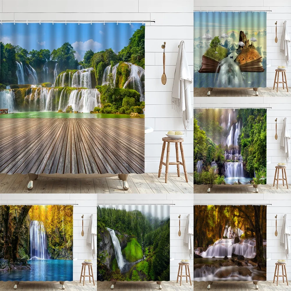 Природни пейзажи Водопад завеса Зелени гори Дървен мост Пейзаж на Езерото Декор баня от Водоустойчив текстилен комплекти, пердета
