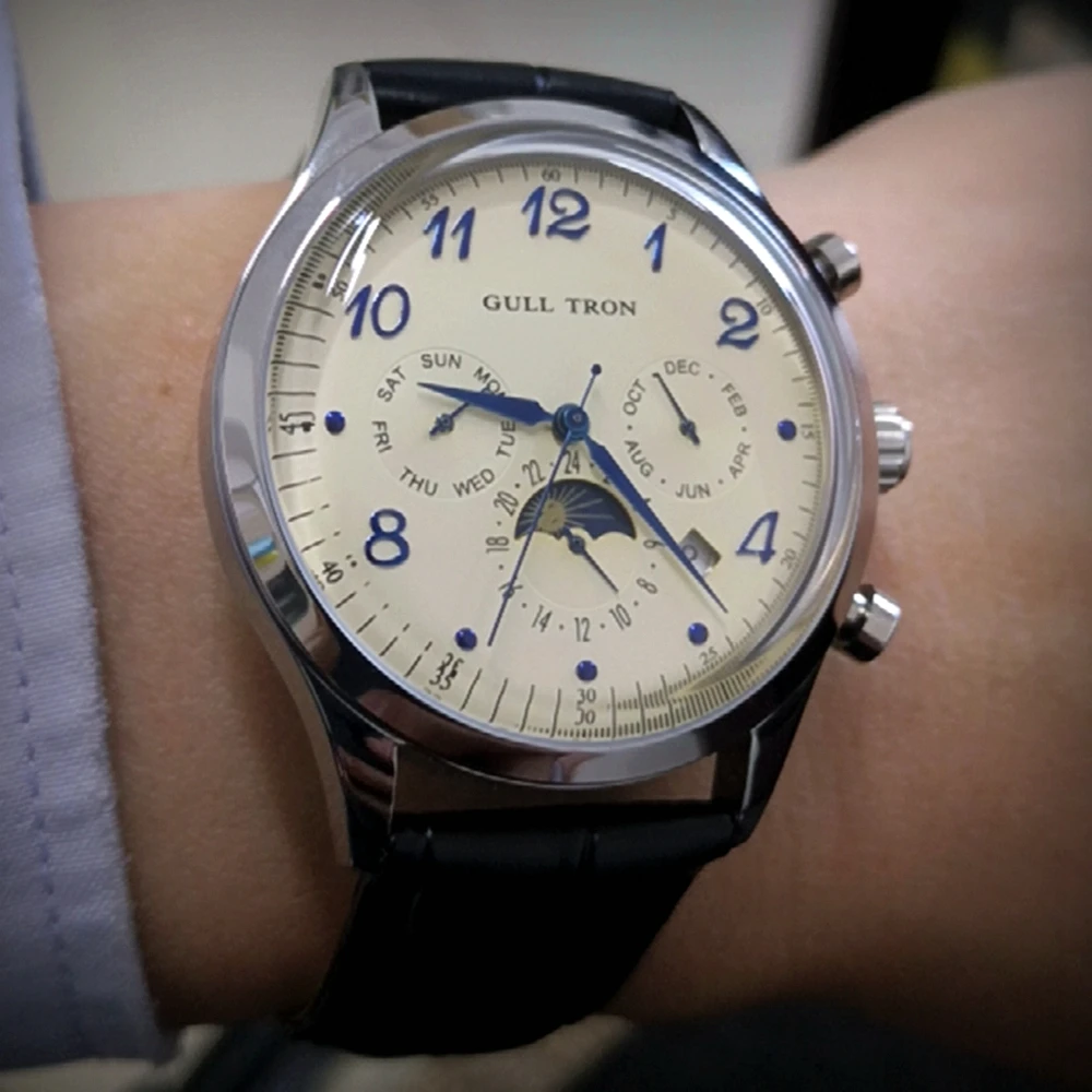 Реколта часовници за мъже, автоматични механични ръчни часовници, 38 мм, купол от фазите на Луната от неръждаема стомана, часовници от минерално стъкло, Тянжин 1963