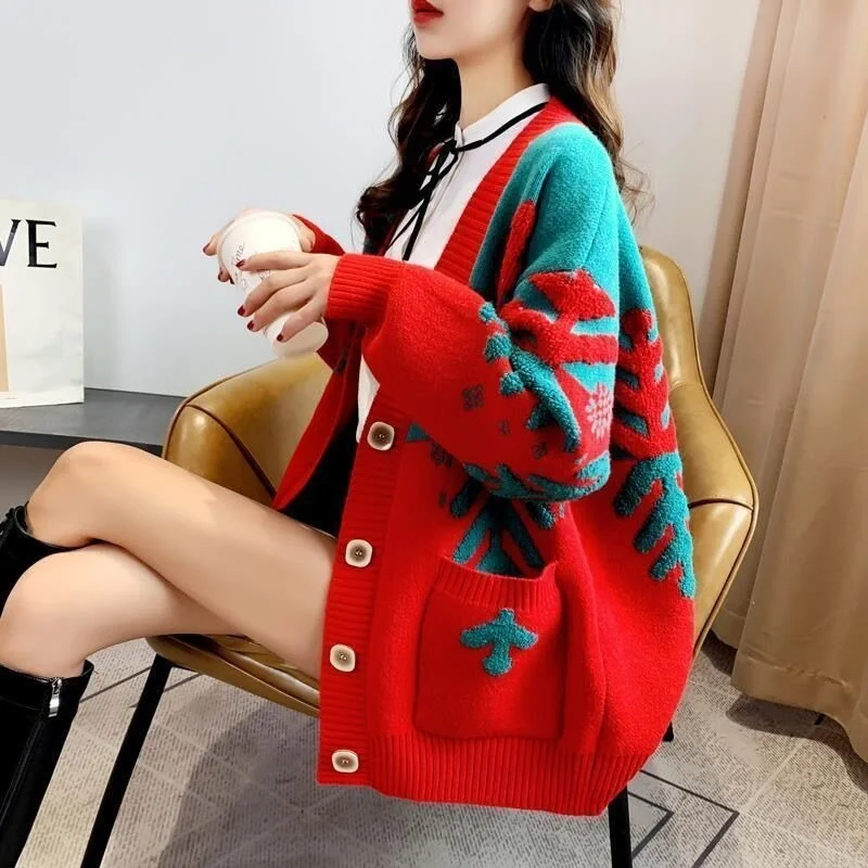 Случайни жилетка оверсайз, пуловер с принтом, модерно гъст топло корейското вязаное палта, връхни дрехи, плетива за жените 2023, джърси X294
