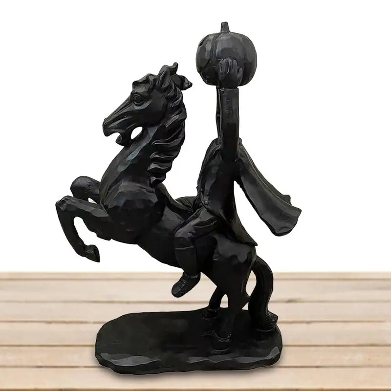 Фигурка на конник без глава, декор на тема Хелоуин, статуята е от смола, тиква, статуетка без глава, ужасна черна скулптура за домашния офис