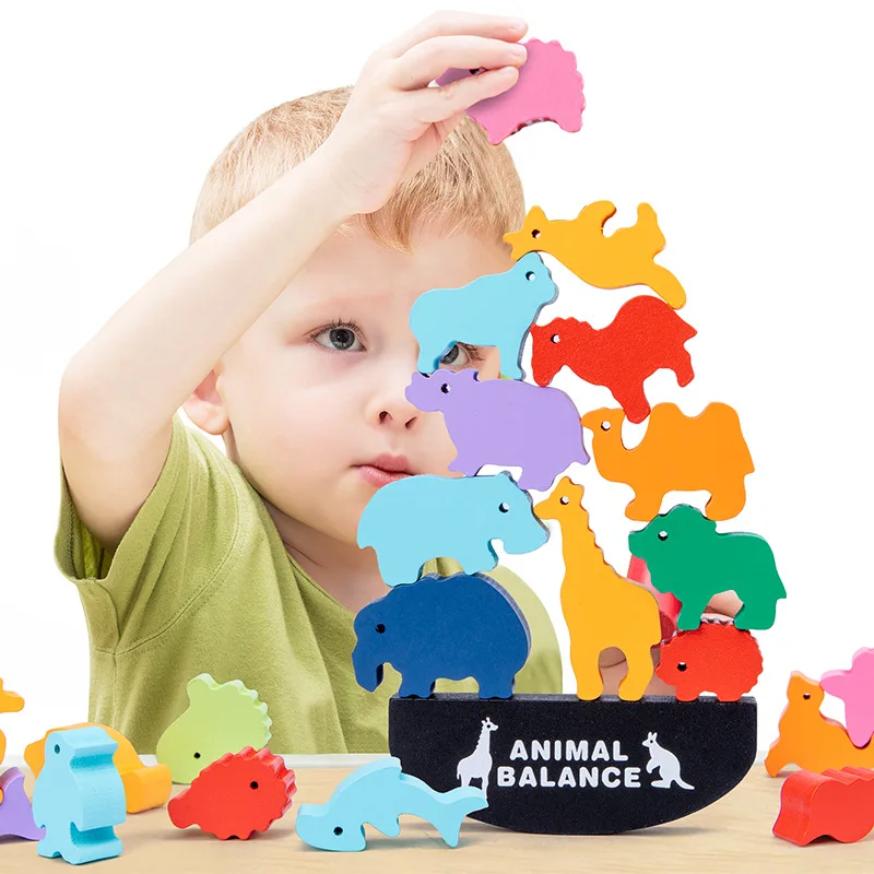 Цветни блокове Животни Дървен баланс Блокове пъзел Полагане на ранно образование на децата от образователни играчки, Дървени строителни блокове